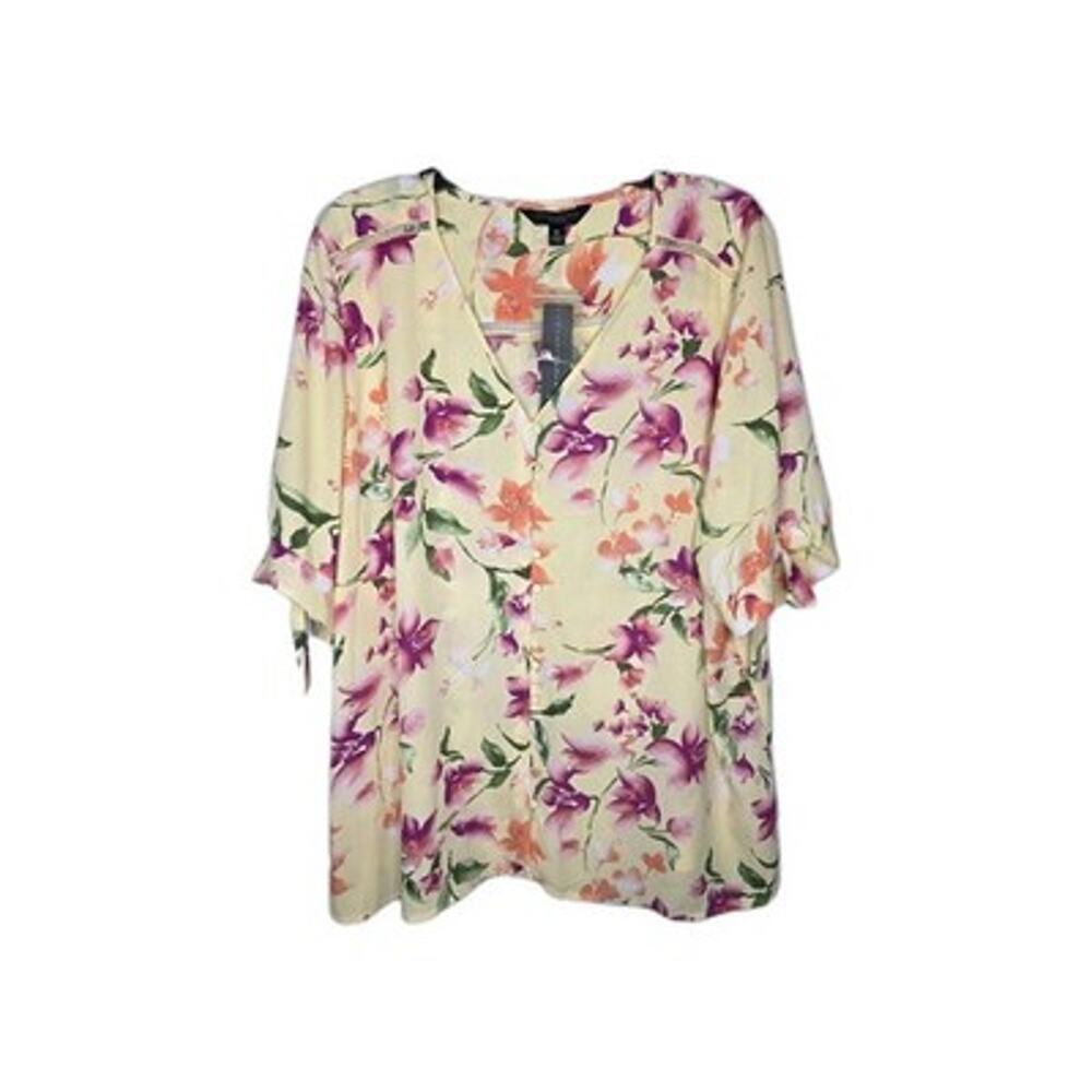 Investments Womans Multi Floral Blouse Tunic Shirt Top 2X Short Sleeve V-Neck
